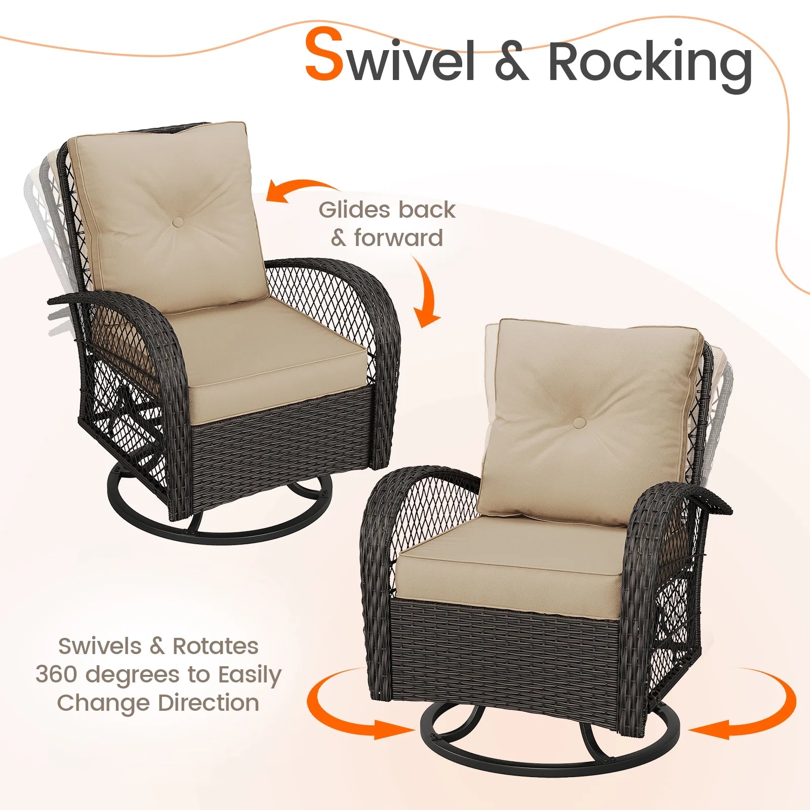 MRUAKA 3 Pieces Patio Furniture Set, Outdoor Swivel Gliders Rocker, Wicker Patio Bistro Set with Rattan Rocking Chair, Glass Top Side Table and Thickened Cushions (Khaki)