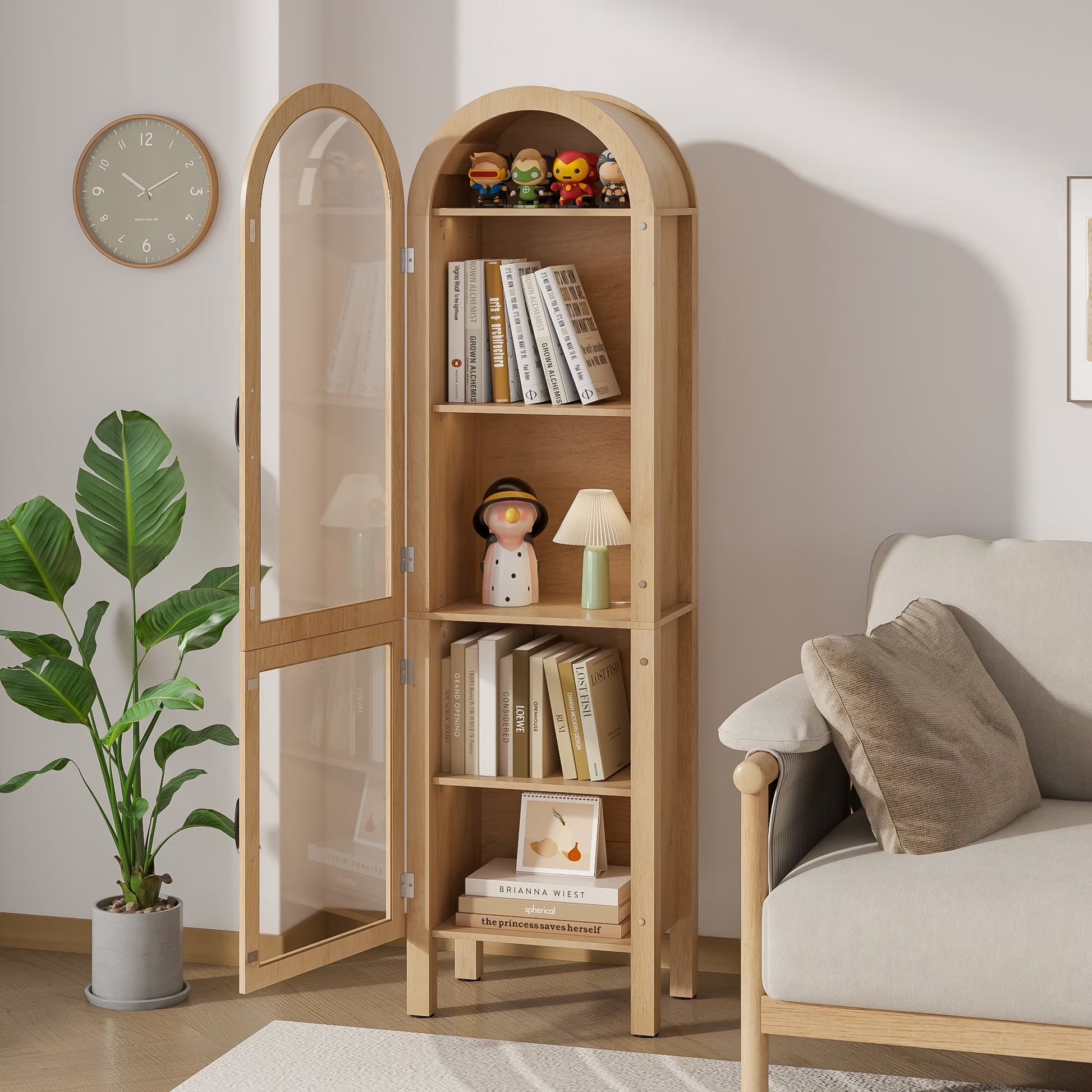Fiogmub Tall Arched Storage Display Cabinet, Arched Pantry Cabinet with Doors, Acrylic Glass Doors