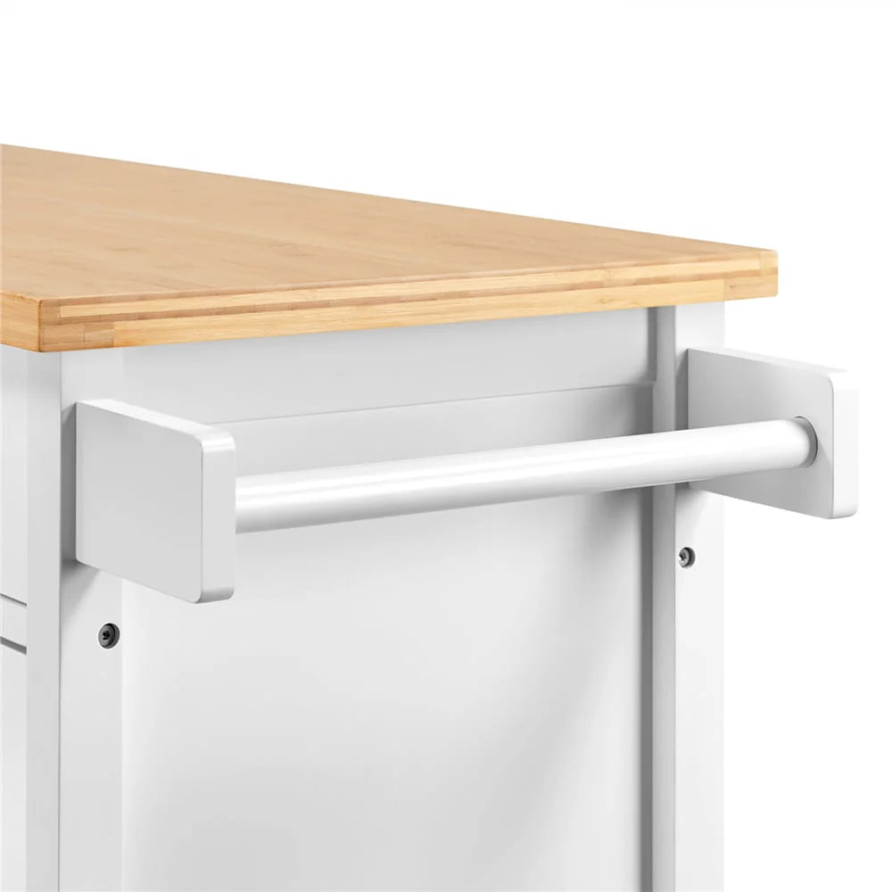 Topeakmart Rolling Kitchen Cart with Bamboo Top & Storage & Tempered Glass Cabinet Door White