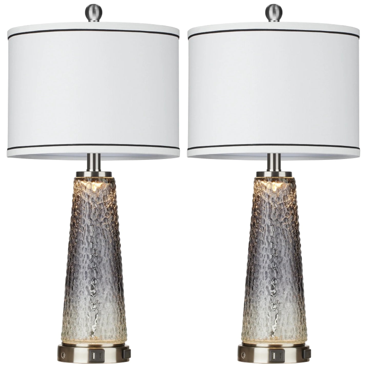 Cinkeda Modern Table Lamp Set of 2 for Bedroom Living Room with USB A+C Ports AC Outlet Gradient Grey Glass Nightlight Nightstand Bedside Lamps