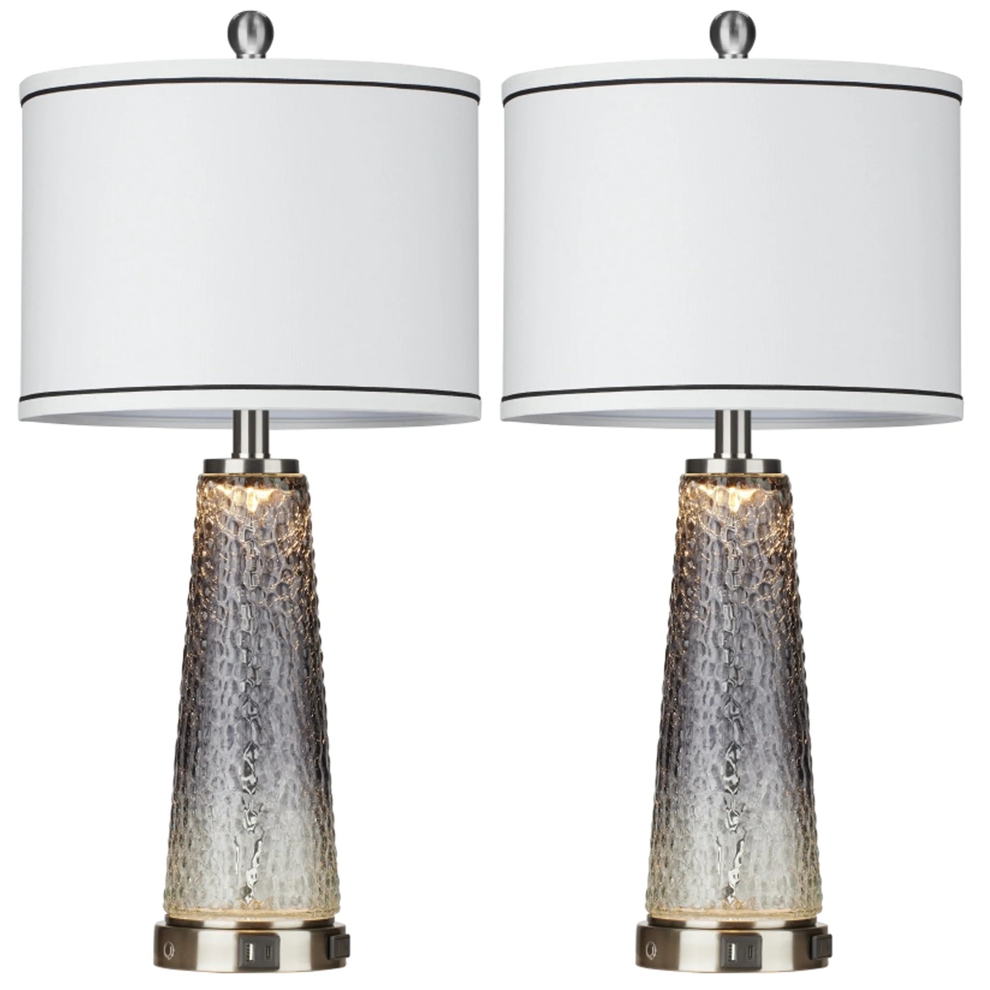 Cinkeda Modern Table Lamp Set of 2 for Bedroom Living Room with USB A+C Ports AC Outlet Gradient Grey Glass Nightlight Nightstand Bedside Lamps