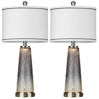 Cinkeda Modern Table Lamp Set of 2 for Bedroom Living Room with USB A+C Ports AC Outlet Gradient Grey Glass Nightlight Nightstand Bedside Lamps