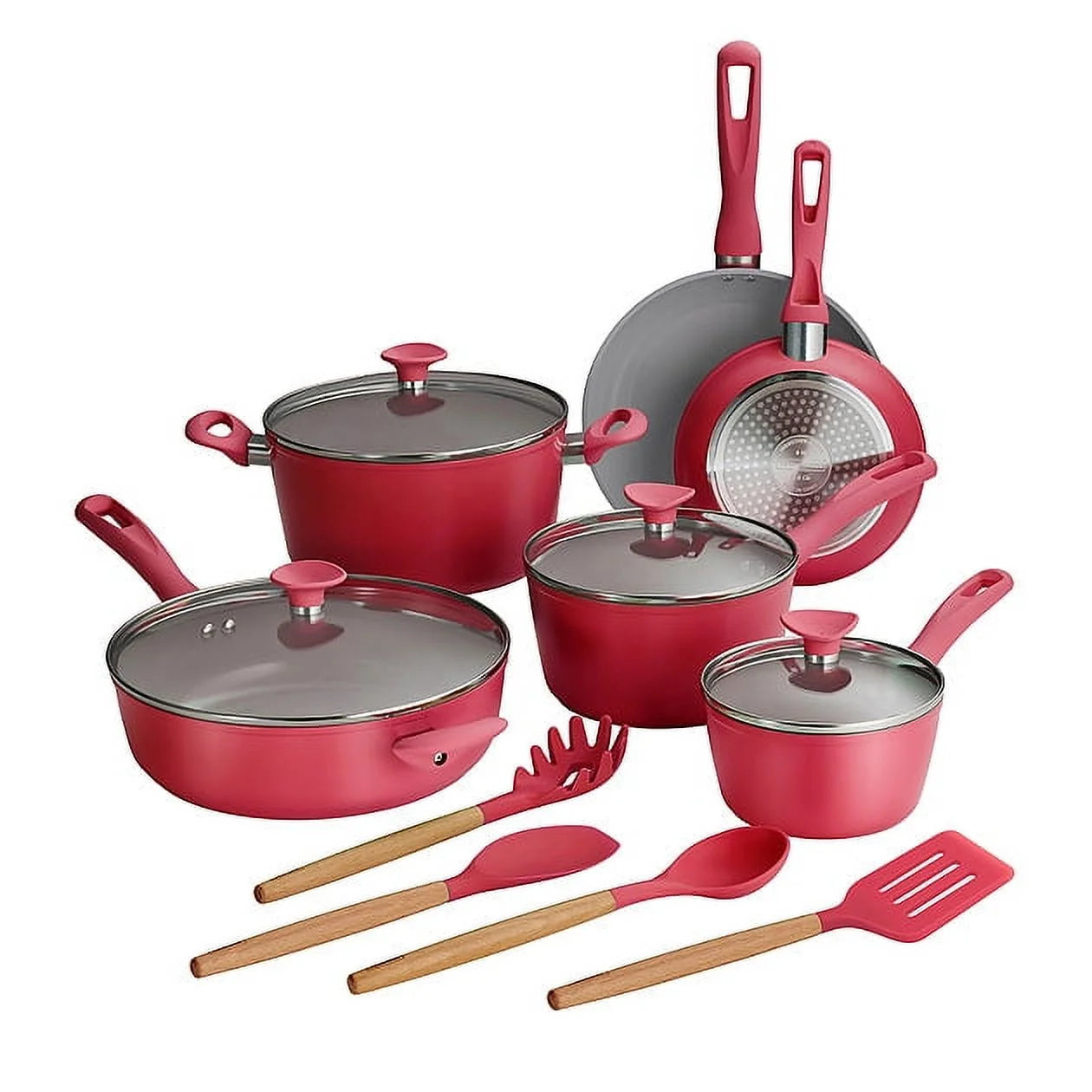 Tramontina Solara 14-Piece Aluminum Ceramic Nonstick Cookware Set with Utensils & Glass Lids, Induction-Ready, Oven & Dishwasher Safe - Red
