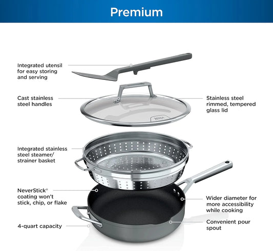 Ninja NeverStick PossiblePan, Premium Set with 4-Quart Capacity Pan, Steamer/Strainer Basket, Glass Lid & Integrated Spatula