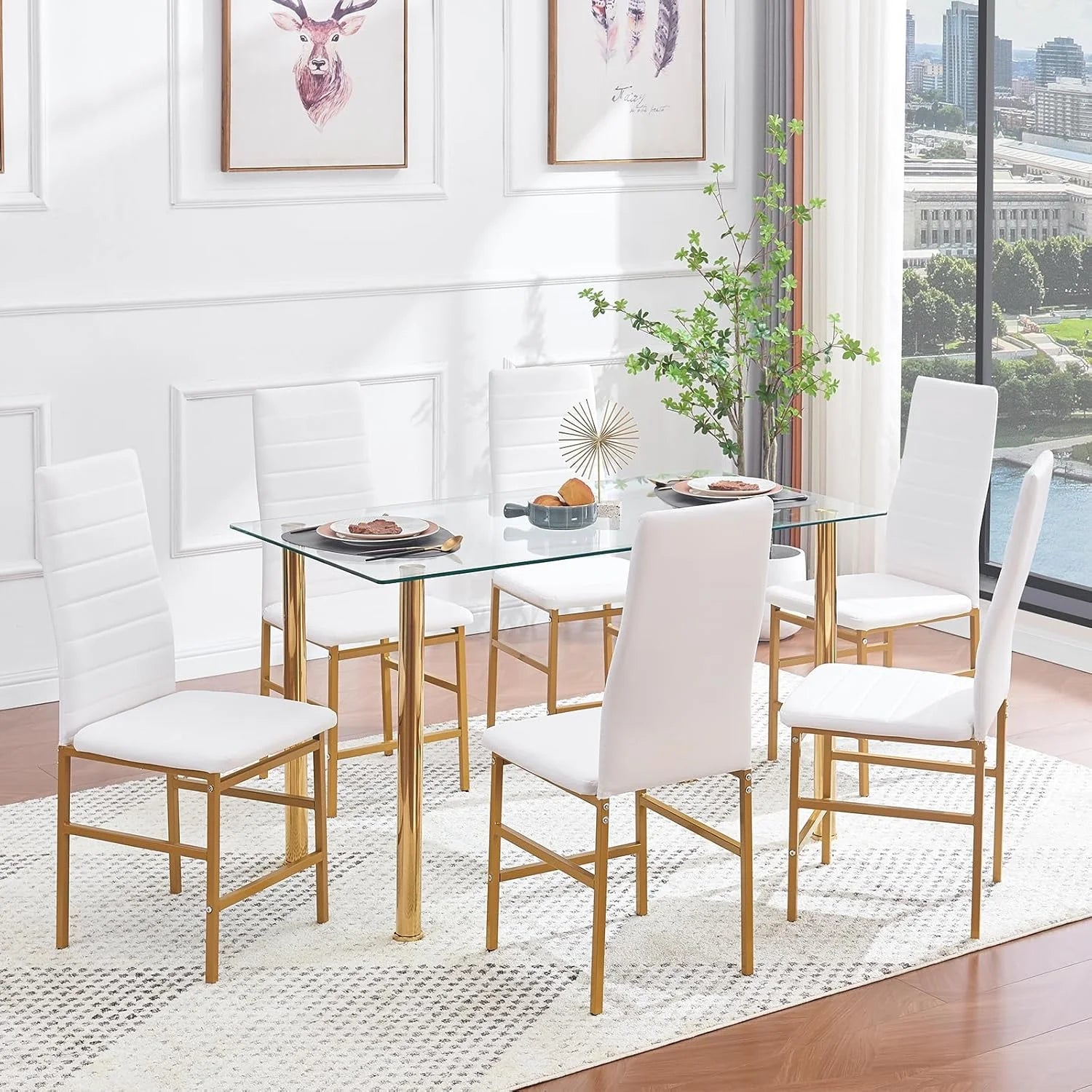 Glass Dining Table with Gold Legs, Retangular Kitchen Table for Home Kitchen (Gold, Length: 51.2")