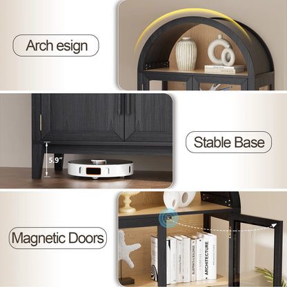 BROTTAR 71" Tall Arched Display Cabinet with Glass Doors, Kitchen Pantry with 3 Color LED Lights & Human Body Sensor, 5-Tier Bookcase for Living Room, Dining Room, Black