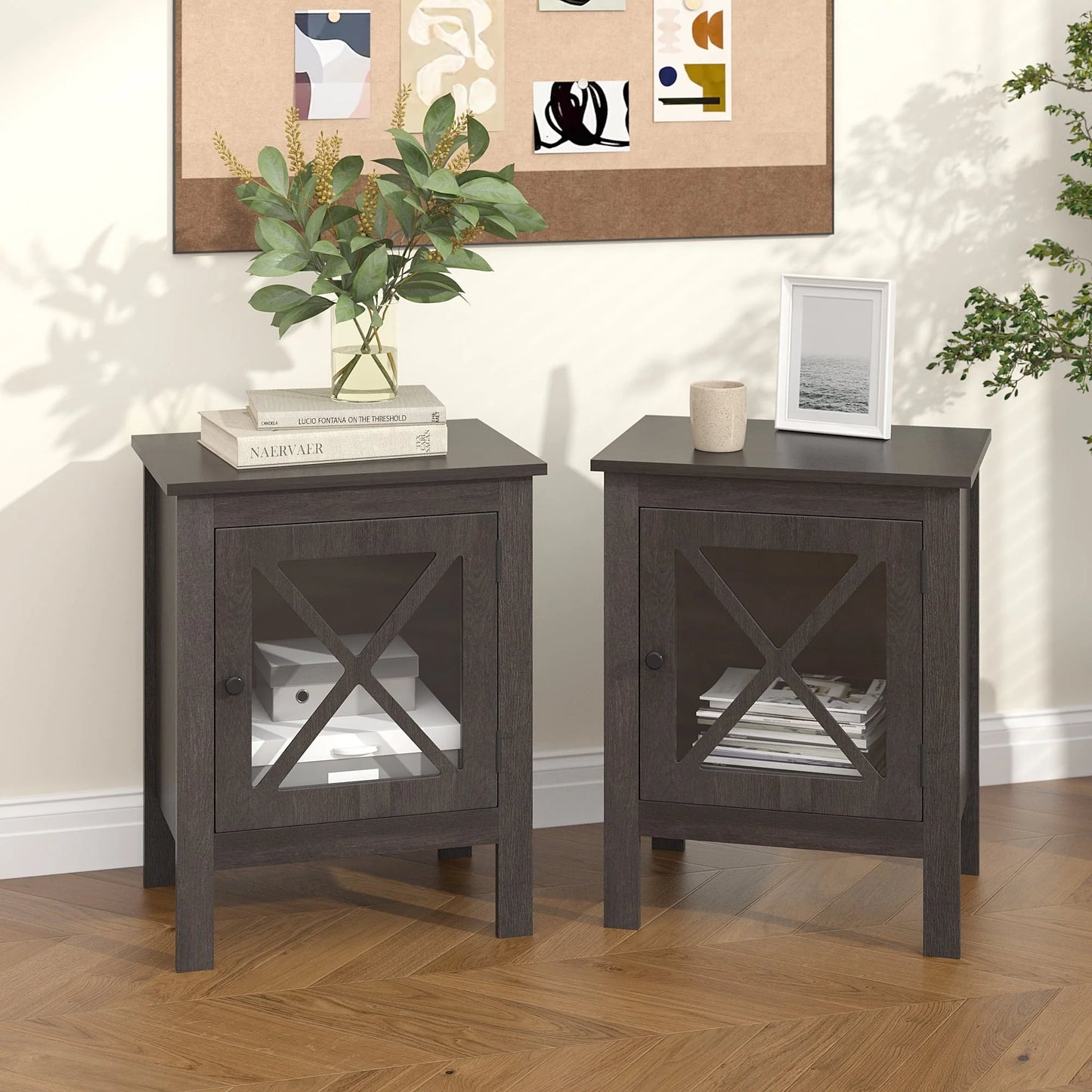 Jaxpety Set of 2 Nightstands Bedside Table W/x-Design Glass Door for Bedroom Living Room, Dark Gray