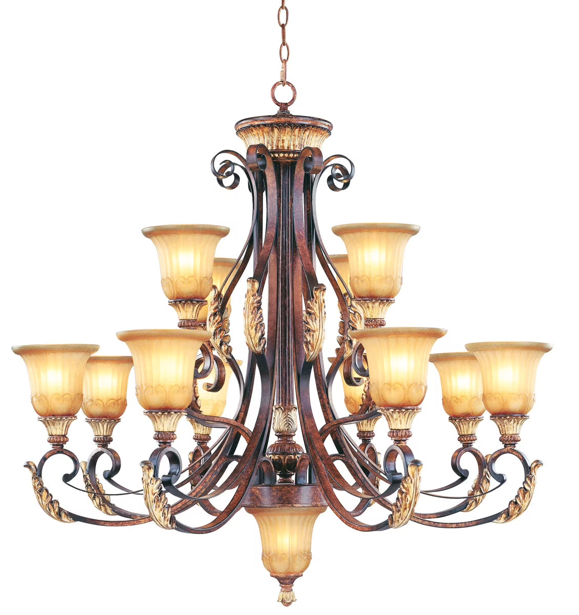 13 Light Verona Bronze Chandelier with Rustic Art Glass Shade