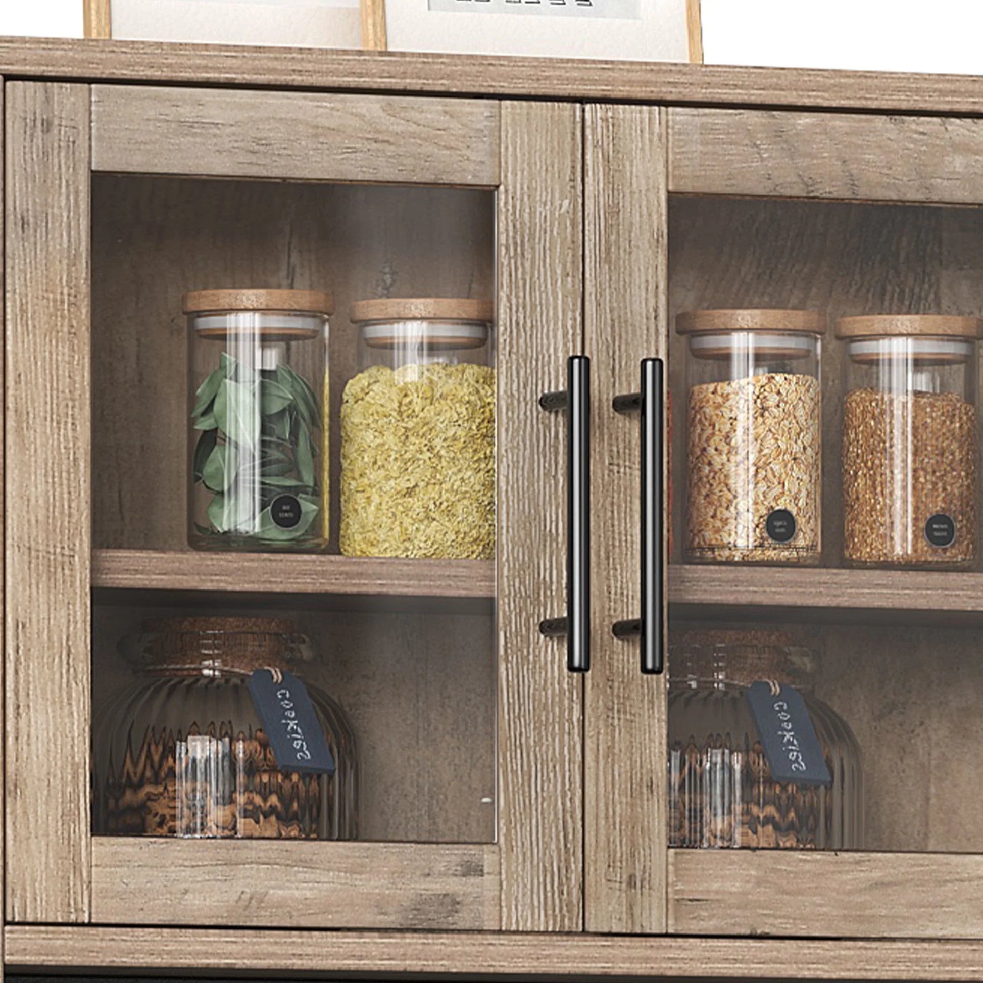 Dextrus 71" Tall Kitchen Pantry Storage Cabinet with Power Outlet, Freestanding Cupboard Storage Buffet Hutch with Microwave Stand, Storage Pantry with Drawers & Glass Doors, Brown