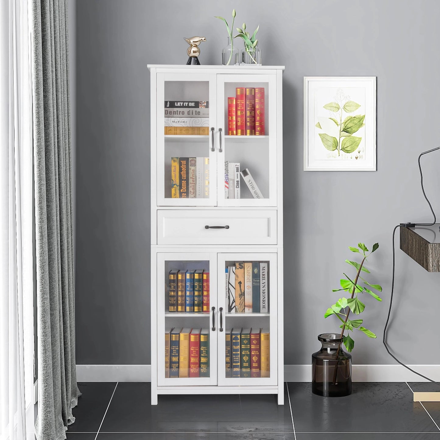 UBesGoo Bookcase with Acrylic Glass Doors 5 Shelves Pantry Cabinet, 70.8 Inch Kitchen Buffet Cupboard Cabinet, White
