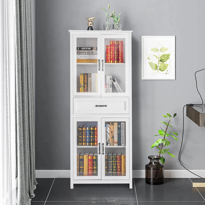 UBesGoo Bookcase with Acrylic Glass Doors 5 Shelves Pantry Cabinet, 70.8 Inch Kitchen Buffet Cupboard Cabinet, White