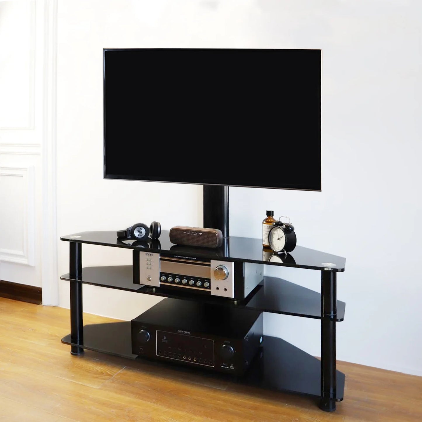 RTVR Modern 3-in-1 Flat Panel TV Stand for TVs up to 75 inch, Black Glass Shelves Table with Swivel Mount