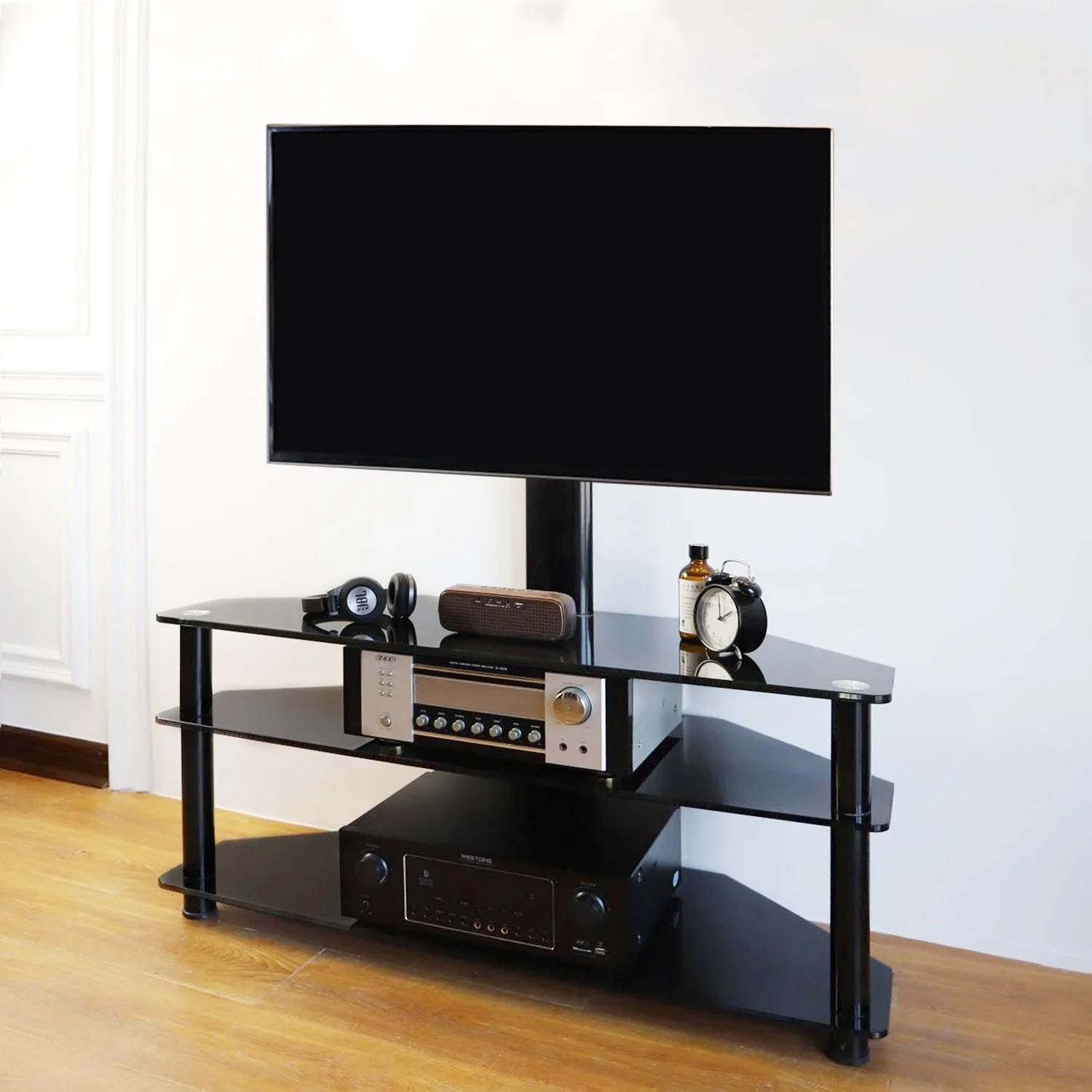 RTVR Modern 3-in-1 Flat Panel TV Stand for TVs up to 75 inch, Black Glass Shelves Table with Swivel Mount