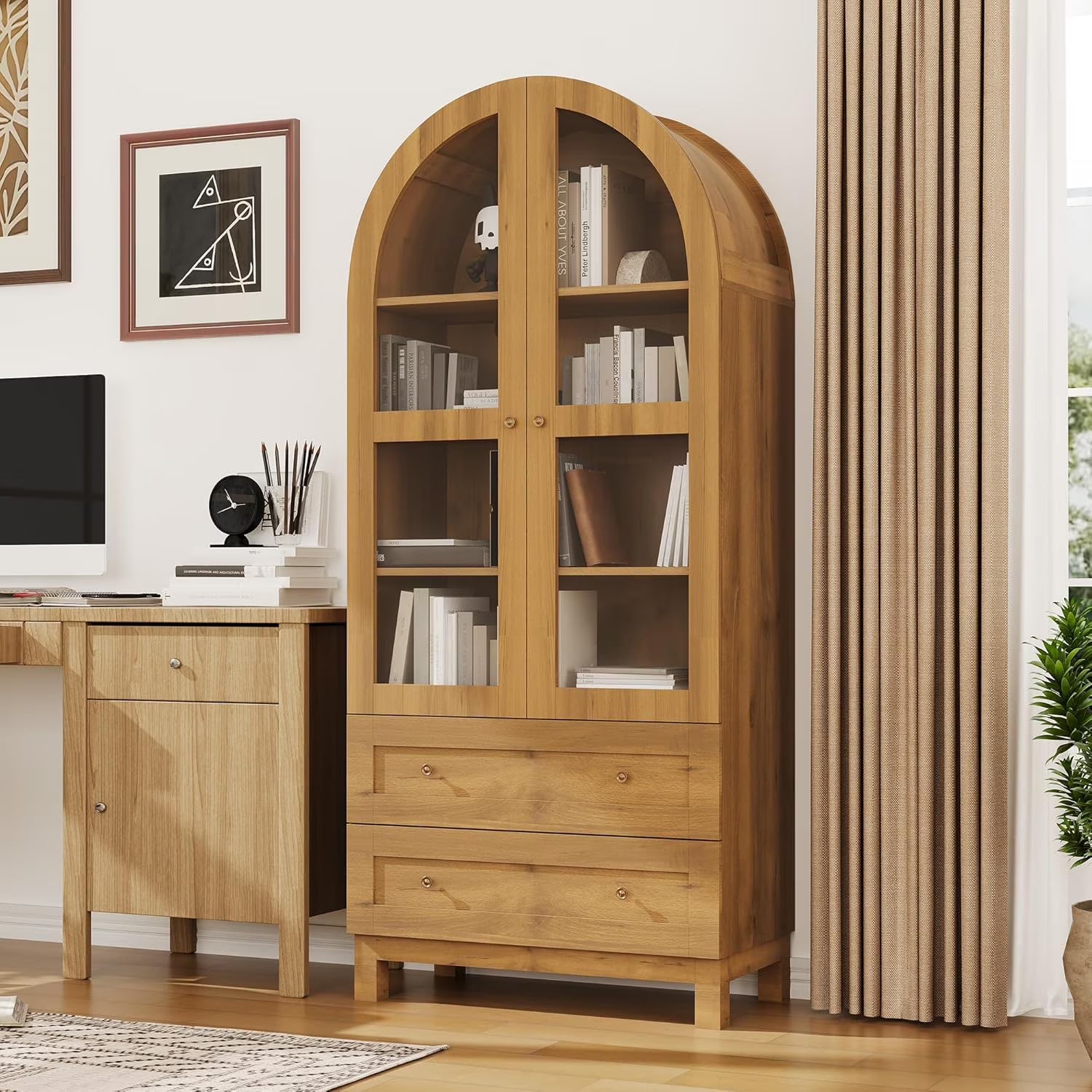 Litake 71" Tall Arched Bookshelf, Modern Bookcase with 2 Drawers, Glass Door and Adjustable Shelf, Wooden Display Cabinet, Versatile Bookshelf Kitchen Storage Pantry for Living Room, Bedroom- Natural