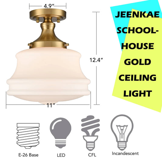 Modern Semi Flush Mount Ceiling Light Gold Hallway Light Fixture Opal Milk Glass