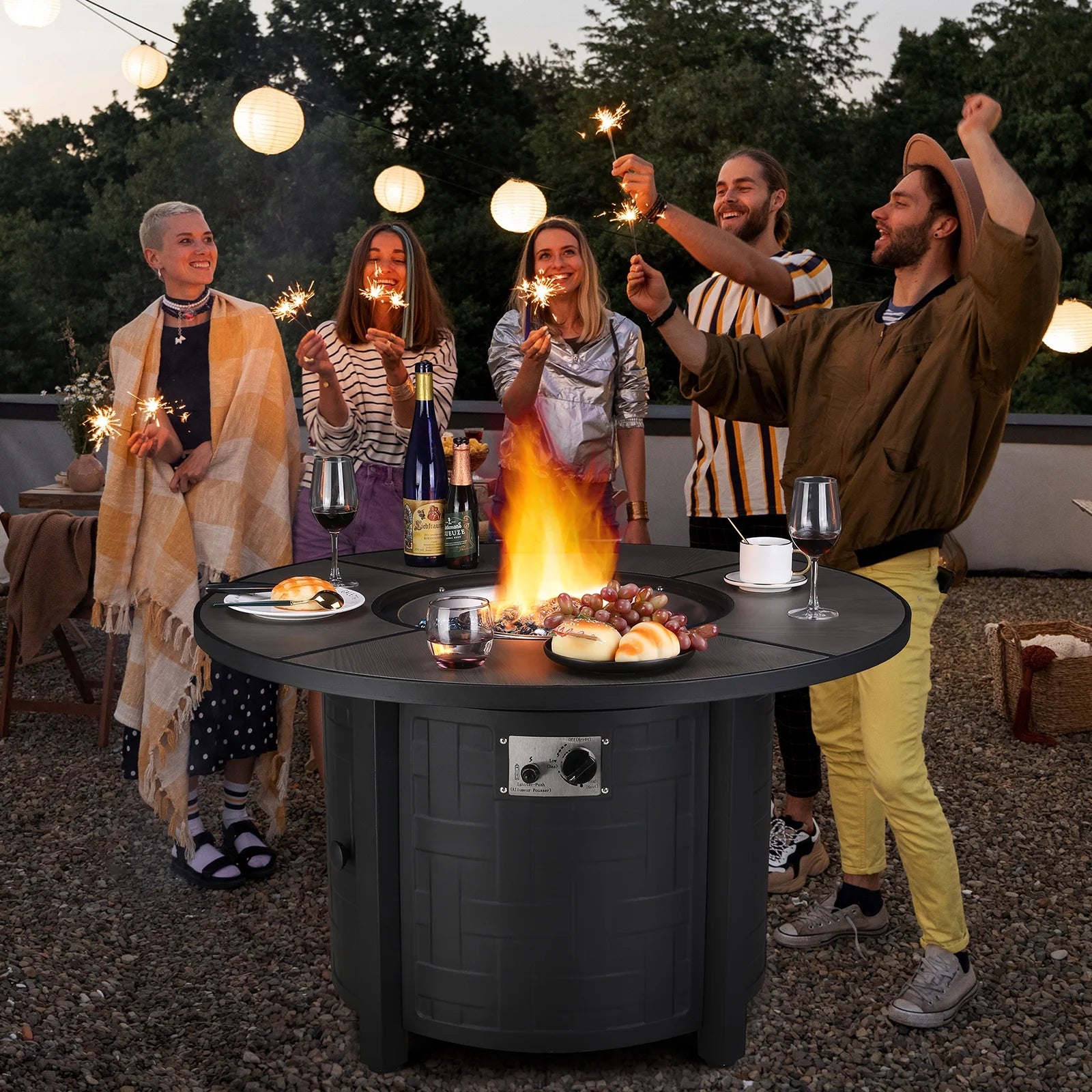 GARTIO 42" Round Propane Fire Pit Table 50,000 BTU Steel Gas Fire Pit with Removable Lid, Cover and Blue Glass Rocks, Outdoor Fireplace Set