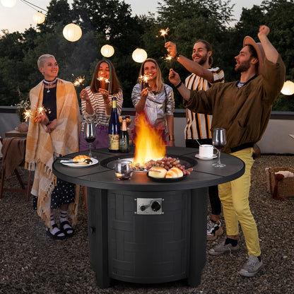 GARTIO 42" Round Propane Fire Pit Table 50,000 BTU Steel Gas Fire Pit with Removable Lid, Cover and Blue Glass Rocks, Outdoor Fireplace Set
