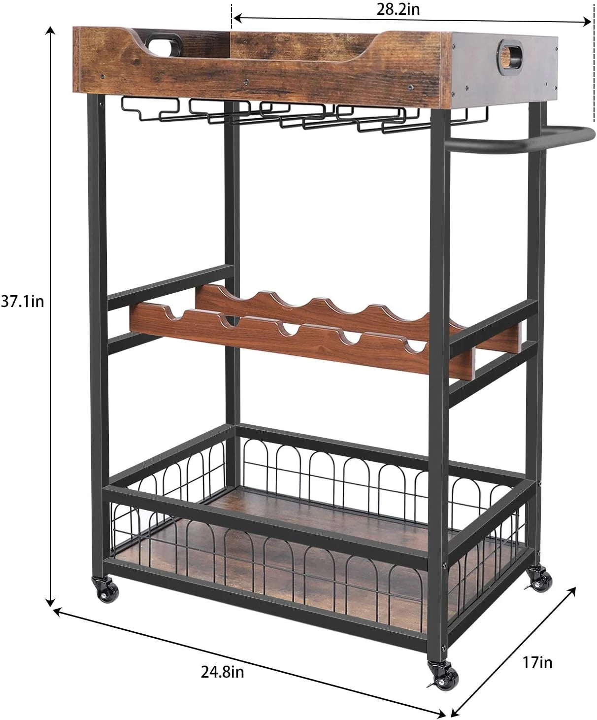 x-Cosrack 3 Tier Home Bar Cart with Wine Rack and Glasses Holder, Mobile Kitchen Storage on Wheels, Brown