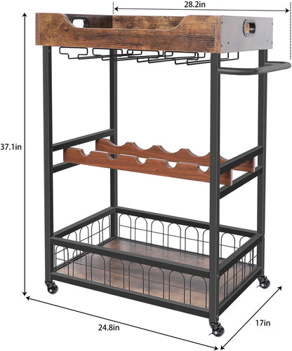 x-Cosrack 3 Tier Home Bar Cart with Wine Rack and Glasses Holder, Mobile Kitchen Storage on Wheels, Brown
