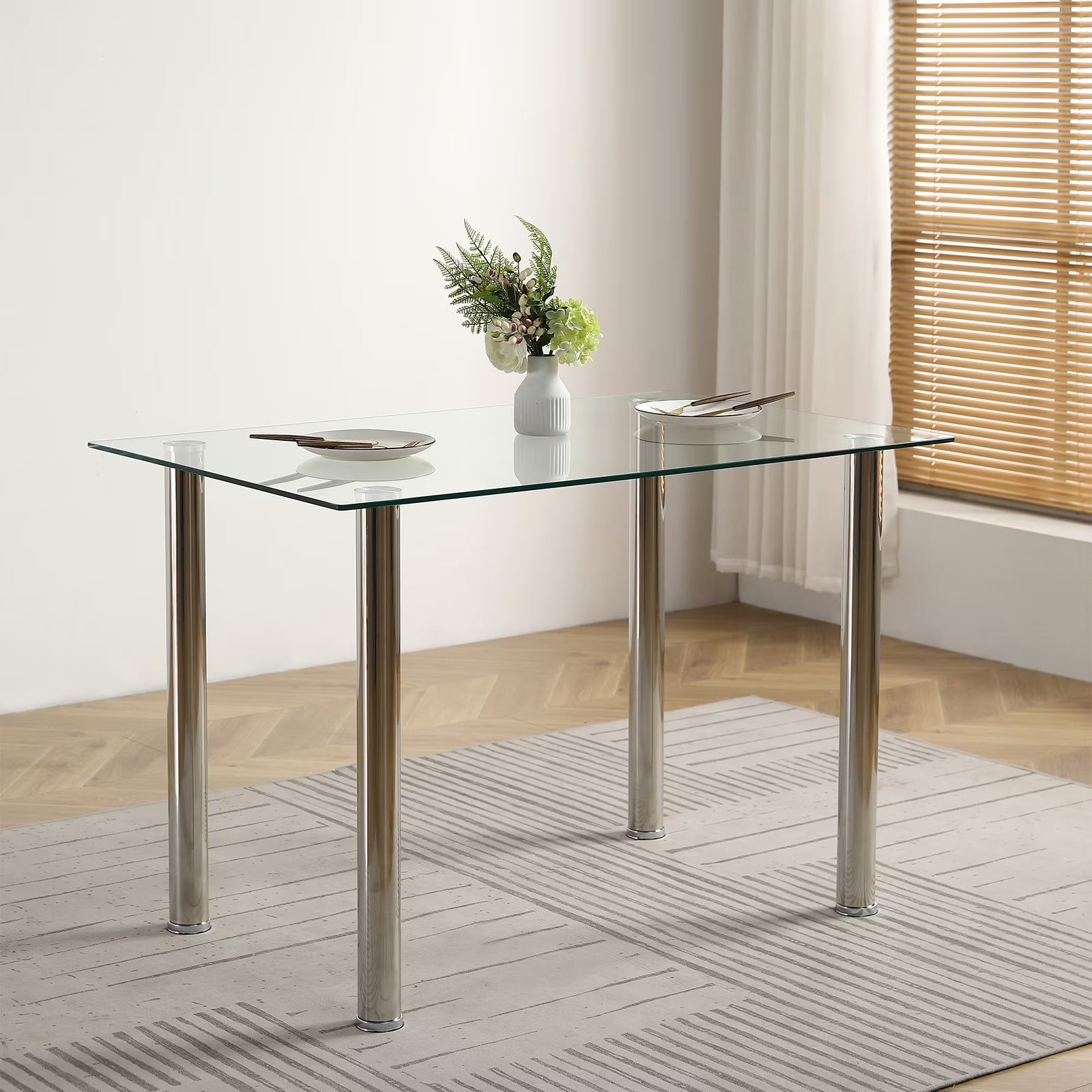 PAPROOS Glass Dining Table, Modern Rectangular Dining Room Table, Kitchen Tempered Glass Dining Table with 4 Square Metal Legs, Heavy Duty Dinette Table for 4, Black