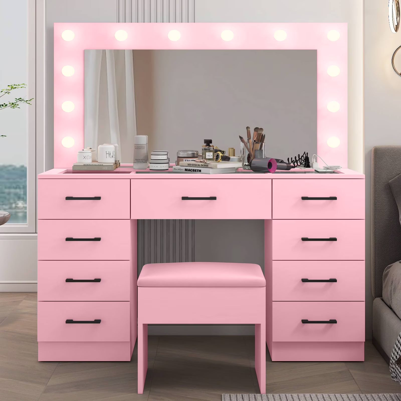 Ktaxon Large Makeup Vanity, Vanity Table Set w/Visible Glass Top w/Charging Station, White