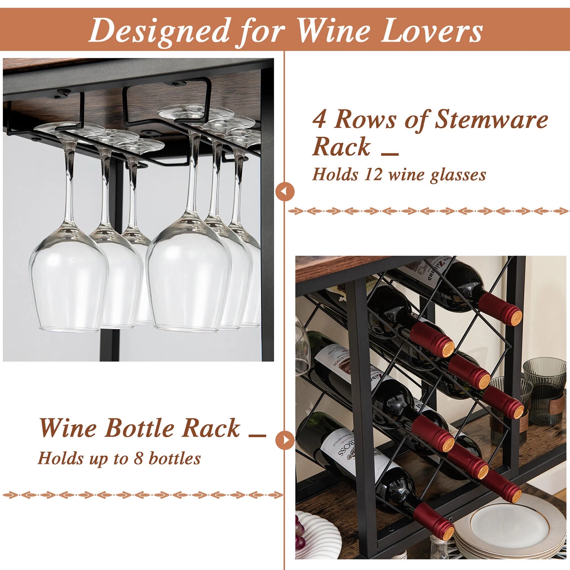 Gymax Industrial Liquor Bar Cart Rolling Kitchen Serving Cart w/Wine Rack Glass Holder