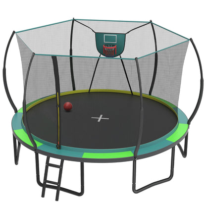 14FT Trampoline with Enclosure for Kids Adults, SEGMART Outdoor Pumpkin Round Recreational Trampoline with No-Gap Design, Heavy Duty Backyard Trampoline with Curved Fiberglass Poles for Indoor Outdoo