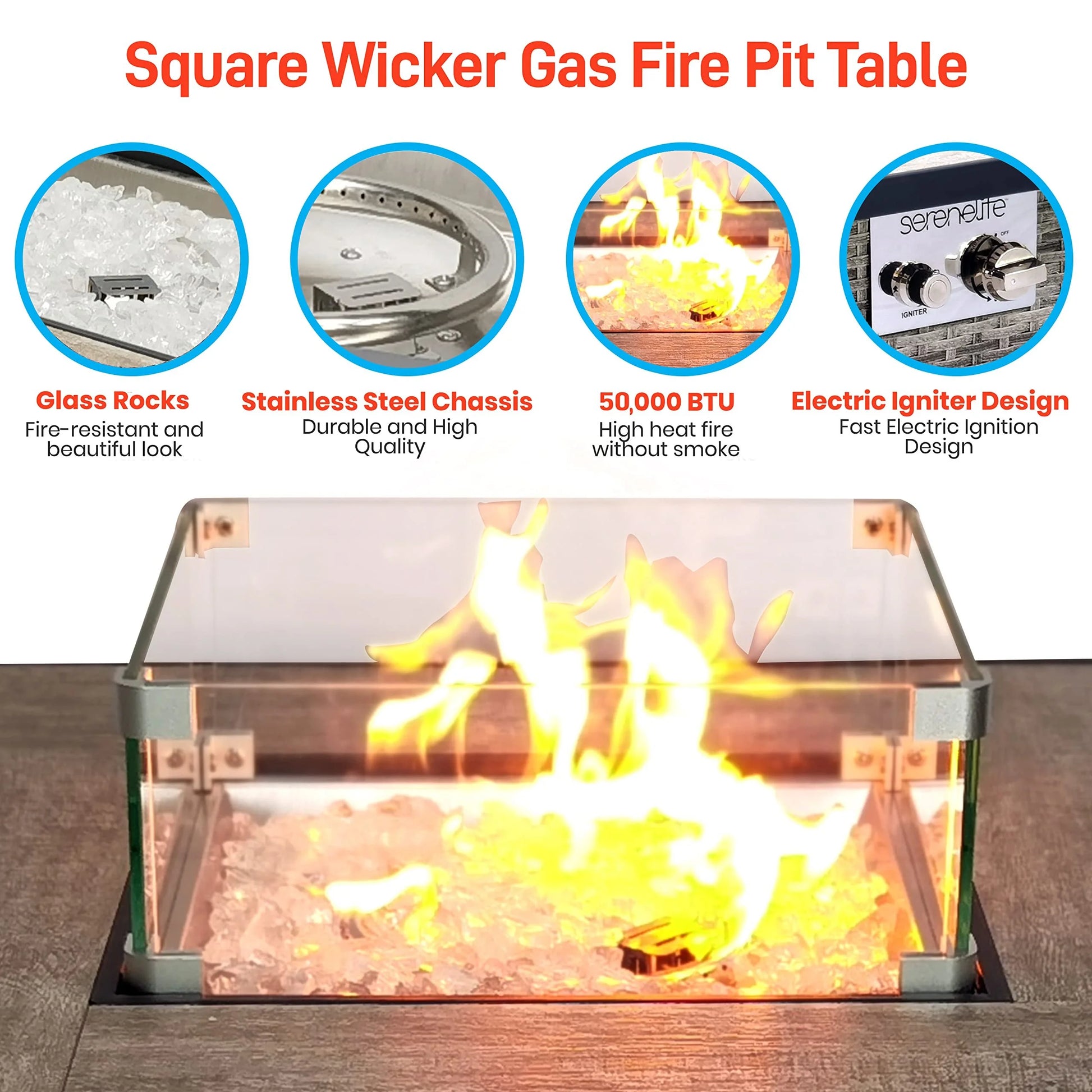 SereneLife Propane Fire Pit Table, 50000 BTU CSA/ETL Certified Safe Gas Table with Sturdy Wicker Base, Stainless Steel Burner, Glass Wind Guard & Cover, Outdoor Fireplaces for Parties