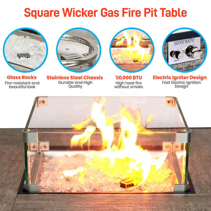 SereneLife Propane Fire Pit Table, 50000 BTU CSA/ETL Certified Safe Gas Table with Sturdy Wicker Base, Stainless Steel Burner, Glass Wind Guard & Cover, Outdoor Fireplaces for Parties