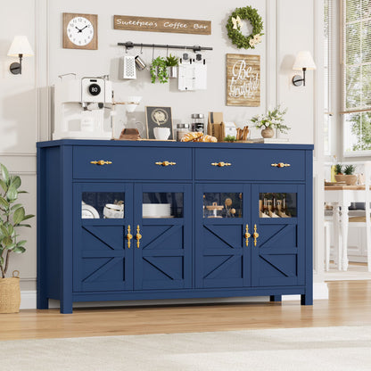 Homfa Farmhouse 55.1"WKitchen Buffet Cabinet with Storage Drawer & Adjustable Shelf, Glass Door Wood Sideboard Credenza Coffee Bar with for Dining Room Living Room, White & Black