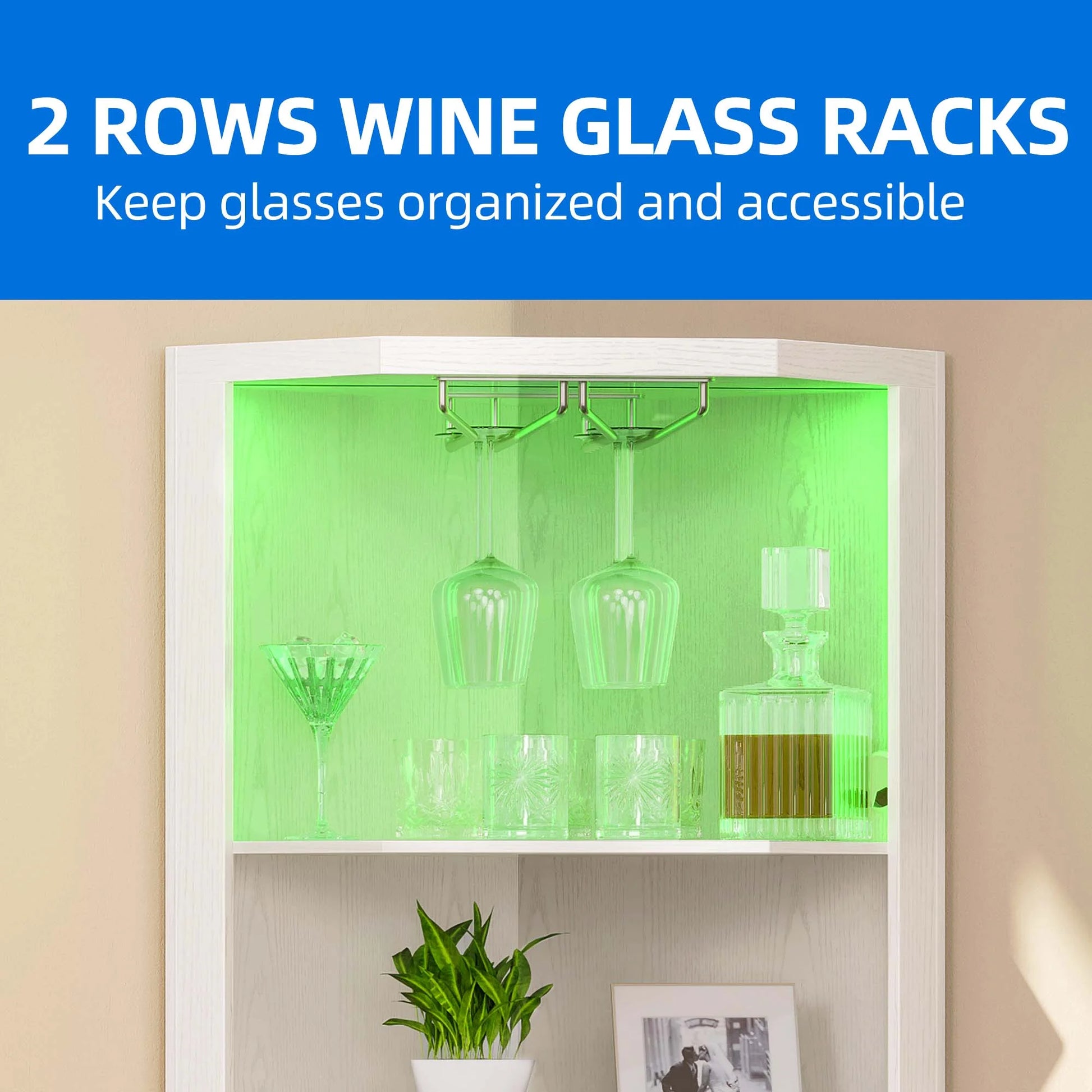 Dextrus 67" Corner Bar Cabinet with LED Lights, Wine Glass Holder & Storage Shelves, Black
