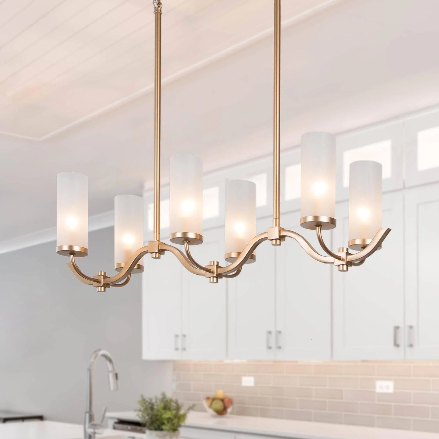 LNC Kayna Mid-Century Modern 6-Light Chandelier Frosted Glass Lights for Kitchen Island Gold L 30" x W 9" x H 17"