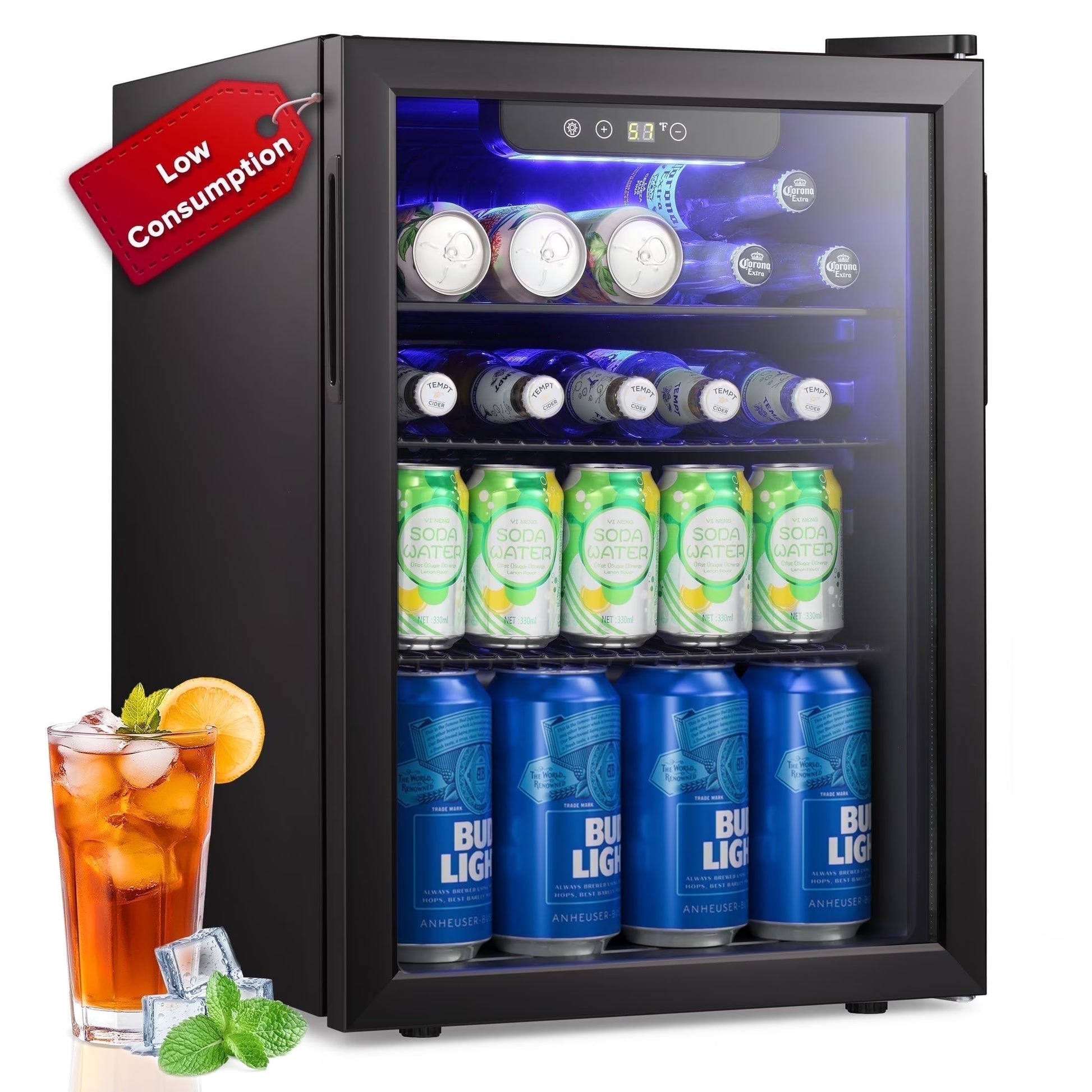 Auseo 1.3 Cu.ft. Mini Beverage Refrigerator Cooler - 55 Can &12 Bottle Mini Fridge with Double Glass Door, for Home/Bar/Office, Electronic touch control