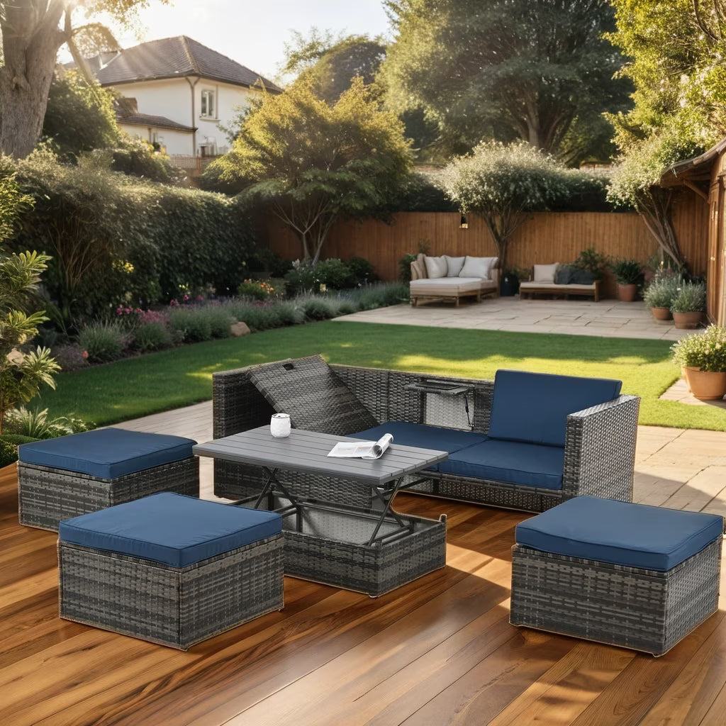 Highsound 6 Piece Patio Furniture Sets, All Weather PE Wicker Rattan Outdoor Sectional Sofa Conversation Couch with Glass Table, Cushions and Ottoman, for Lawn, Garden, Backyard, Beige