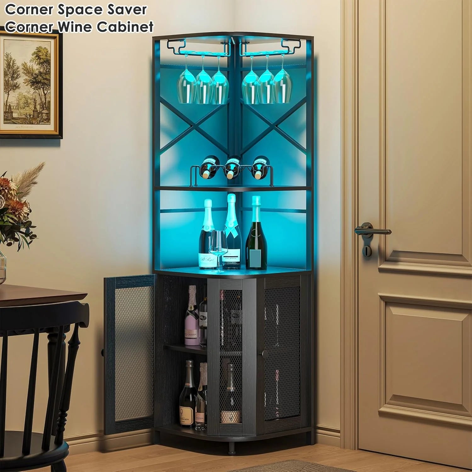 Frmobepts Corner Bar Cabinet with Power Outlet, Industrial Wine Cabinet with LED Strip and Glass Holder, 5-Tiers Liquor Cabinet Bar Unit for Home, Black