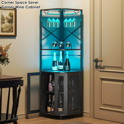 Frmobepts Corner Bar Cabinet with Power Outlet, Industrial Wine Cabinet with LED Strip and Glass Holder, 5-Tiers Liquor Cabinet Bar Unit for Home, Black