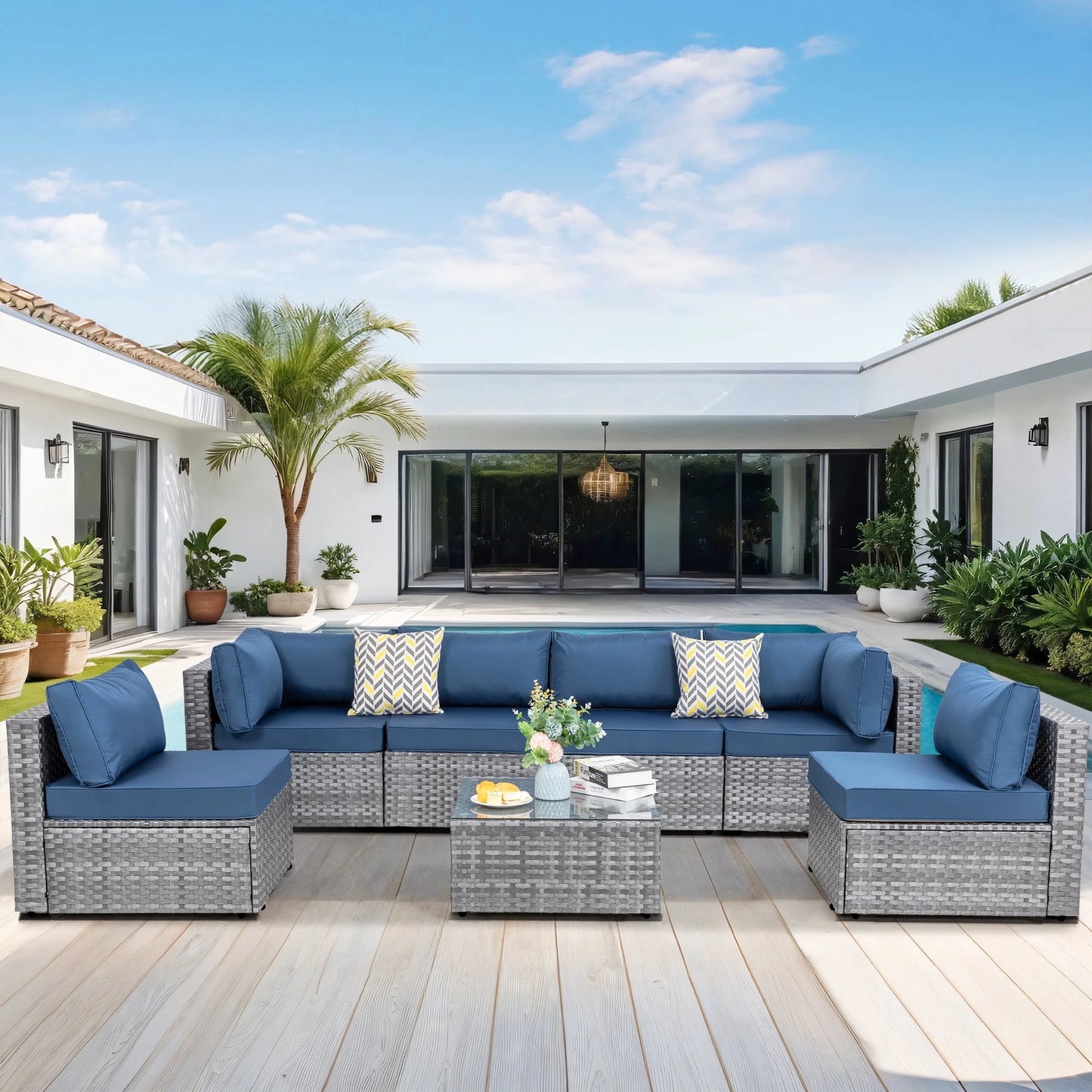 Walsunny 7 Piece Outdoor Patio Conversation Set, Rattan Sectional Sofa Set, All-Weather Outdoor Modern Sectional Furniture Wicker Couch with Glass Coffee Table,Navy Blue