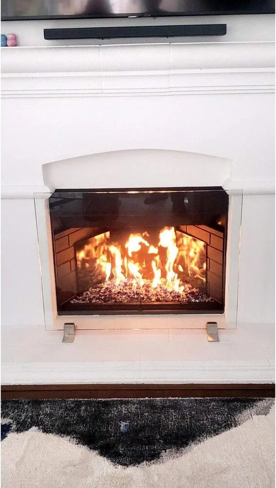 AMS Fireplace | Frameless Glass Fireplace Screen with Stainless Steel Feet | Small (36" x 26") - (Clear Glass, Stainless Steel Feet) - Made in USA
