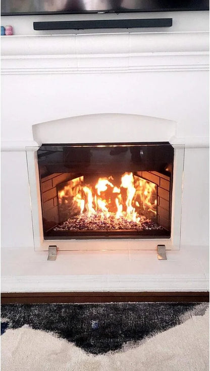AMS Fireplace | Frameless Glass Fireplace Screen with Stainless Steel Feet | Small (36" x 26") - (Clear Glass, Stainless Steel Feet) - Made in USA
