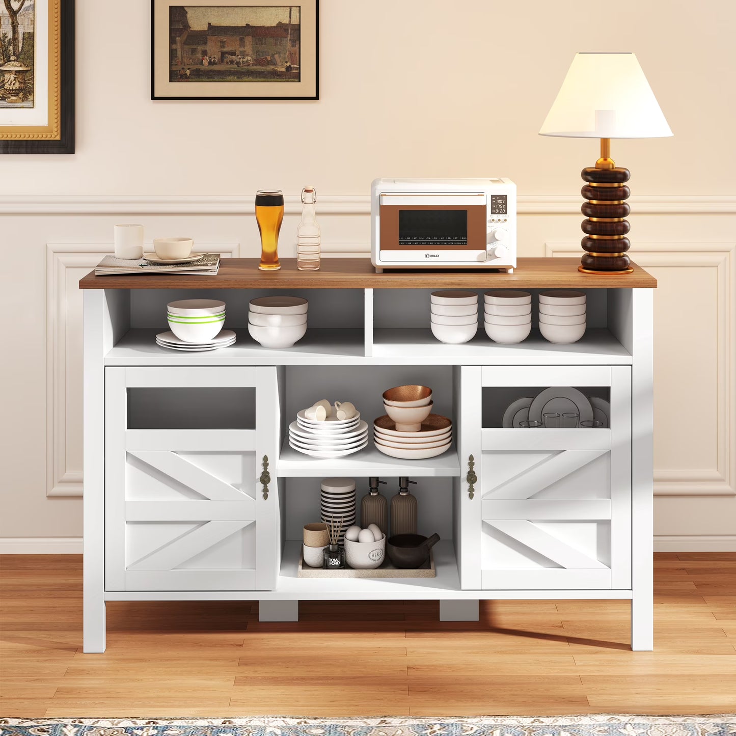 Uforic Farmhouse Sideboard Bar Cabinet with Glass Doors, Adjustable Shelves & Open Storage for Dining Room, Kitchen, Living Room, Black