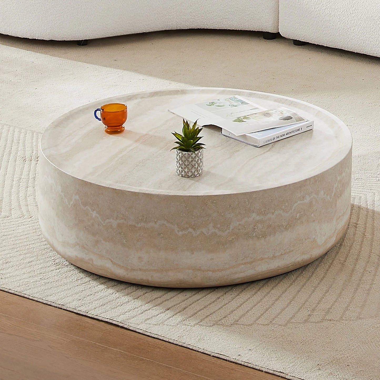 31.49'' Round Coffee Table with Marble Texture, Modern Low Drum Circle Fiberglass Coffee Table, Side Table Accent Table for Living Room, Outdoor, No Need Assembly, Marble