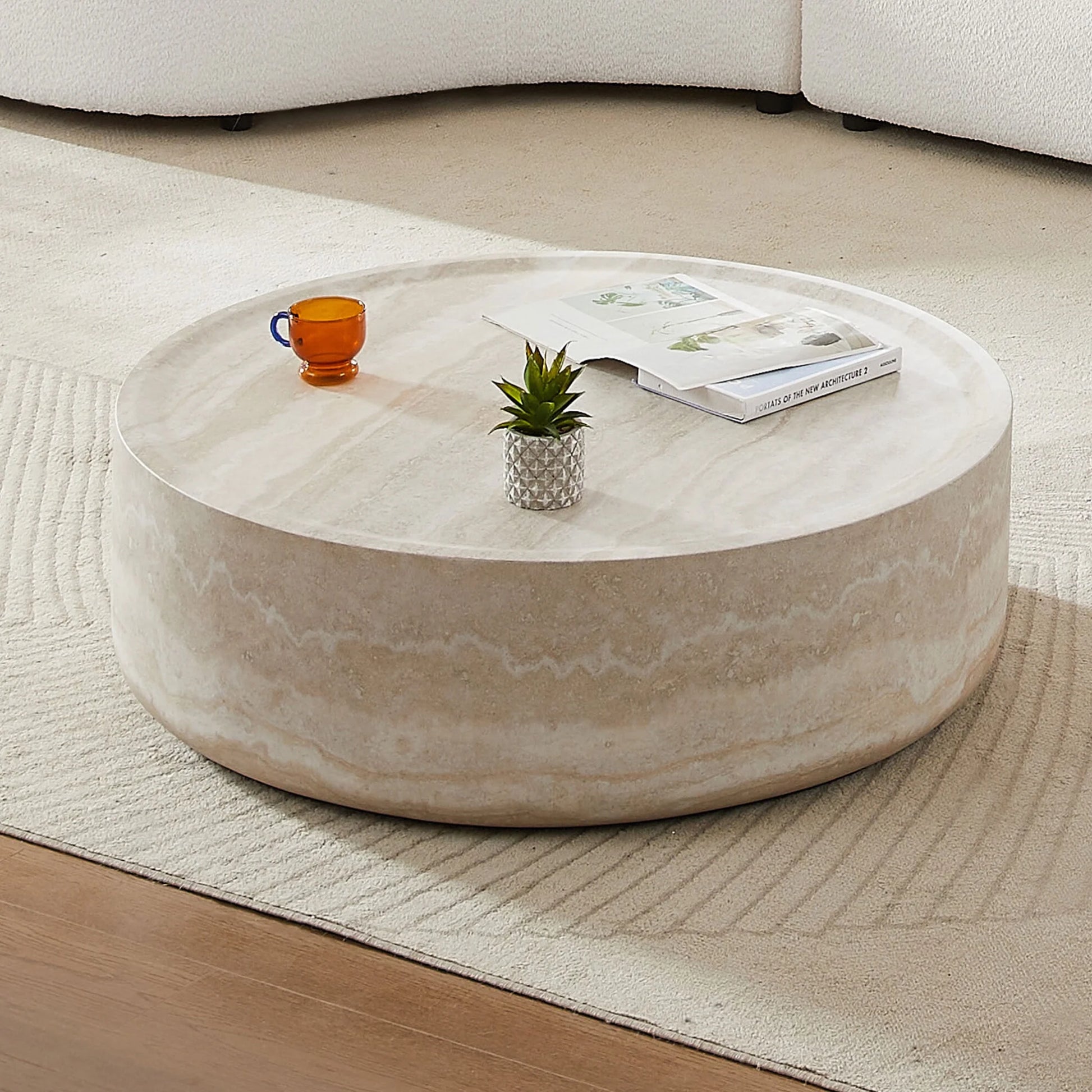 31.49'' Round Coffee Table with Marble Texture, Modern Low Drum Circle Fiberglass Coffee Table, Side Table Accent Table for Living Room, Outdoor, No Need Assembly, Marble