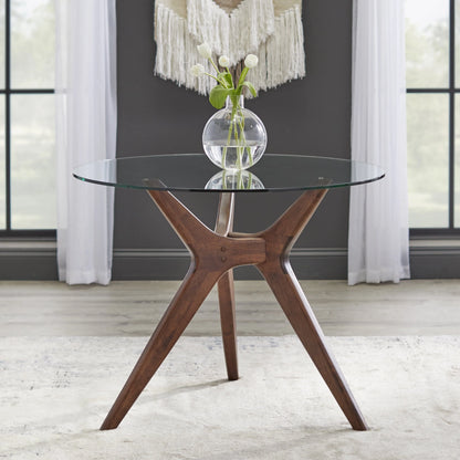 TMS Trita Round Dining Table, Walnut and Tempered Glass Top