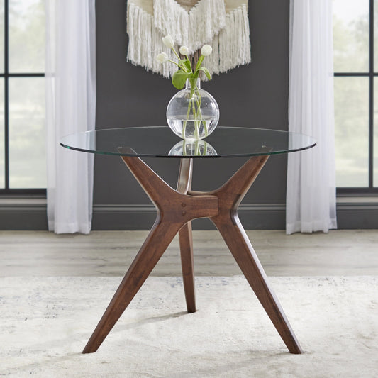 TMS Trita Round Dining Table, Walnut and Tempered Glass Top
