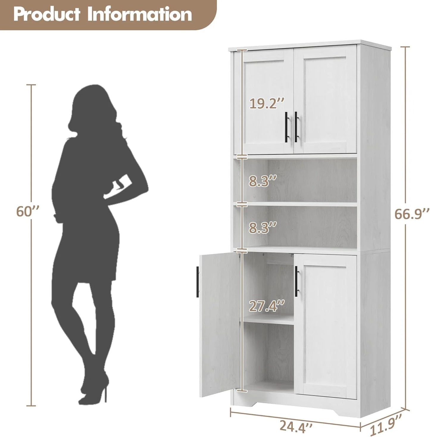 Studyset Tall Bathroom Cabinet, Freestanding Bathroom Storage Cabinet with Glass Doors and Adjustable Shelves, 67" Cupboard Modern Storage Cabinet for Kitchen, Pantry, Living Room