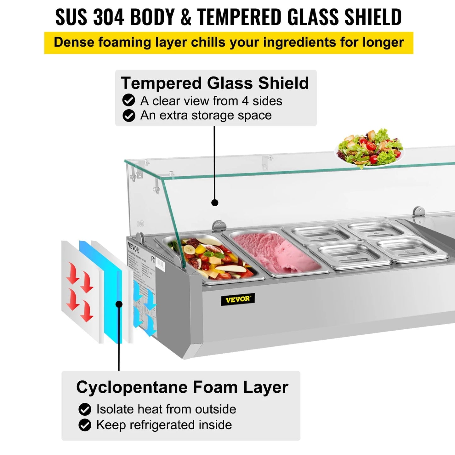 Refrigerated Condiment Prep Station, 48-inch, 10.8Qt Sandwich/Salad Prep Table w/3 1/3 Pans & 4 1/6 Pans, 146W Salad Bar w/304 Stainless Body Tempered Glass Shield Digital Panel Auto Defrost
