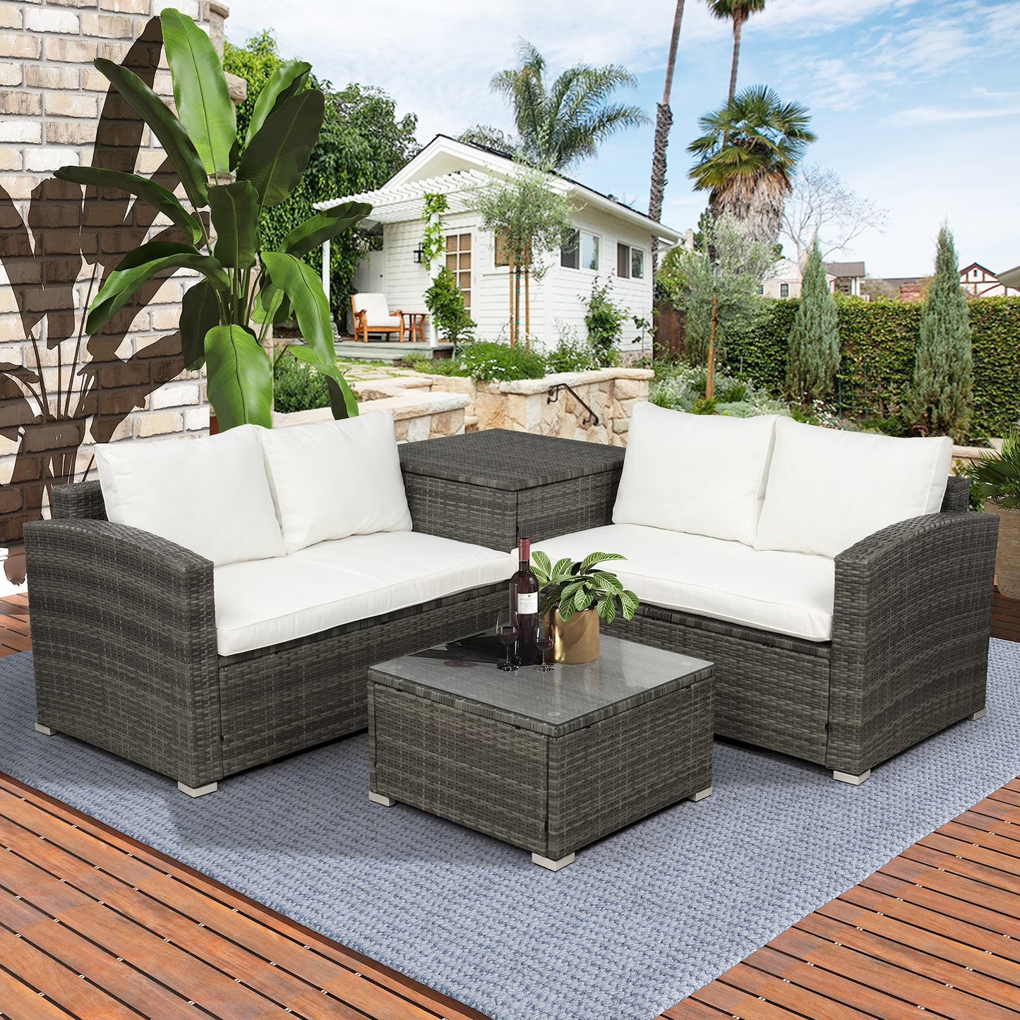 UHOMEPRO 4-Piece Rattan Patio Furniture Sets, All-Weather PE Wicker Patio Conversation Set with Storage Box, Glass Coffee Table, Outdoor Sectional Sofa Set for Backyard Patio Garden Poolside, Gray
