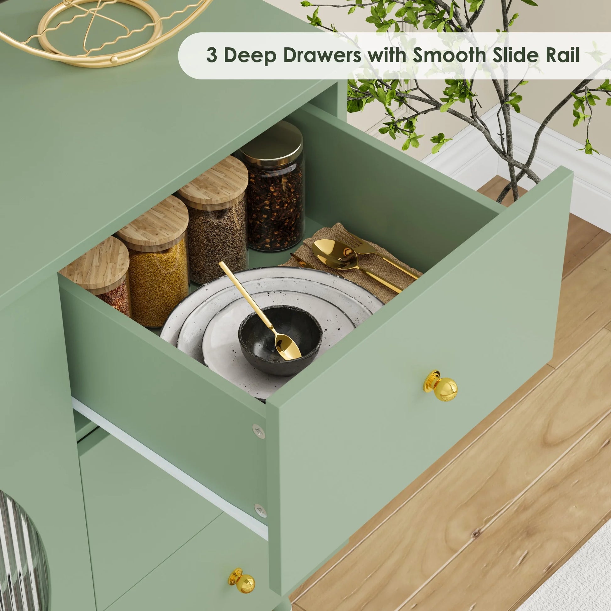 Homfa Coffee Bar Cabinet with 3 Drawers & Glass Door, Modern Buffet Sideboard Bar Table for Dining Room, Green