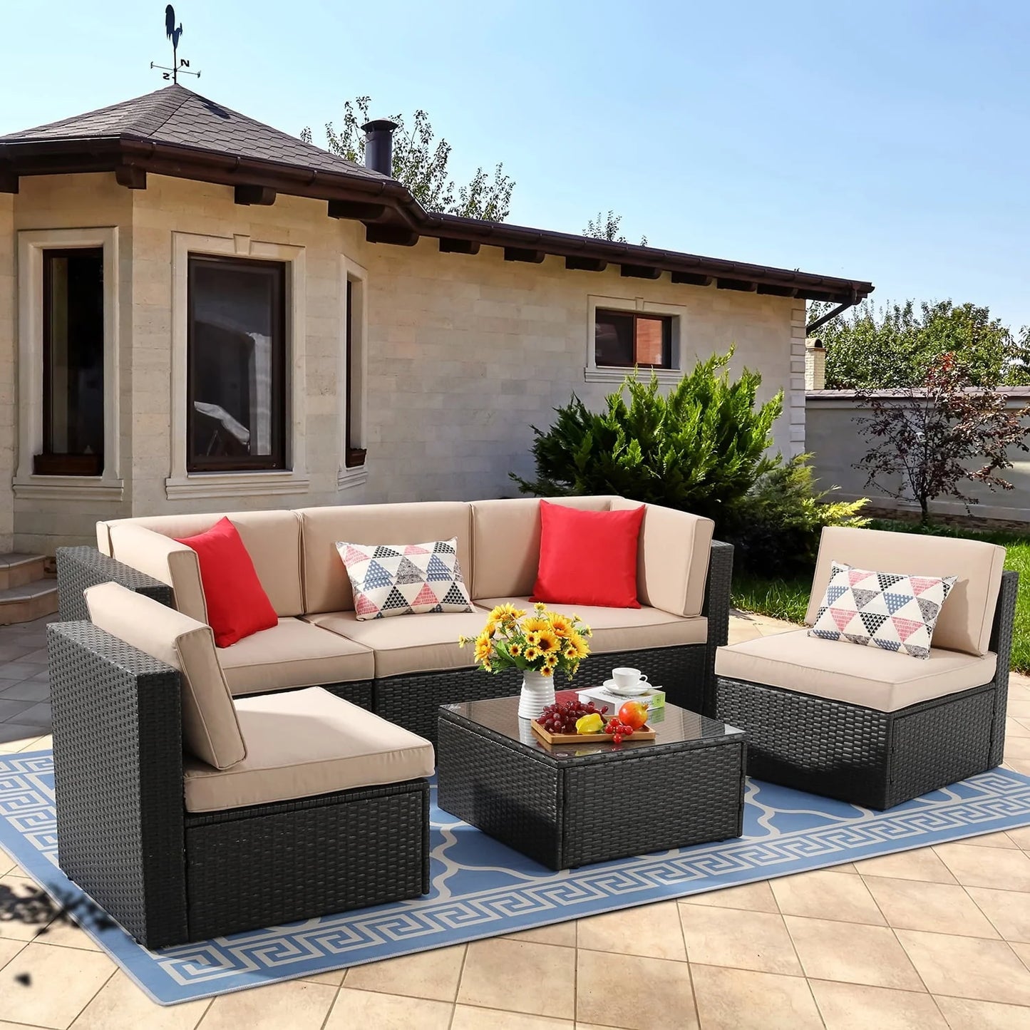 Sobaniilo 6 Pieces Patio Furniture Sets, All Weather PE Wicker Outdoor Conversation Set with Glass Table (Beige)