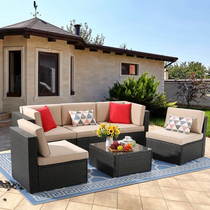Sobaniilo 6 Pieces Patio Furniture Sets, All Weather PE Wicker Outdoor Conversation Set with Glass Table (Beige)